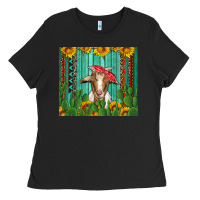 Black goat with sunflower and cactus Ladies Tee - Artiststas
