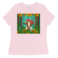 Bubblegum Pink goat with sunflower and cactus Ladies Tee - Artiststas