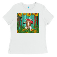 White goat with sunflower and cactus Ladies Tee - Artiststas