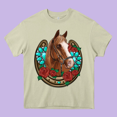 Western Horseshoe Horse Roses Gemstone Heavy Core Tee Designed By Artiststas