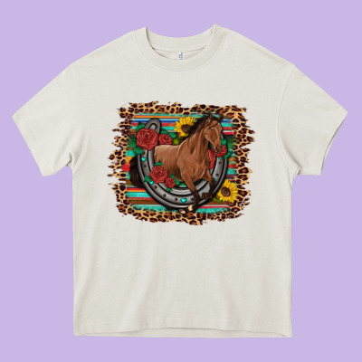 Western Horse Horseshoe Roses Sunflowers Serape Leopard Heavy Core Tee Designed By Artiststas