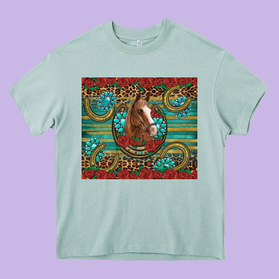 Western Horse Horseshoe Roses Gemstones Glitter Wooden Heavy Core Tee Designed By Artiststas