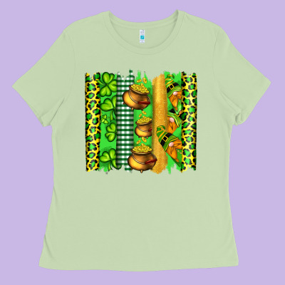 St Patricks Gnomes And Cloves With Leopard  Brushstrokes Ladies Tee Designed By Artiststas