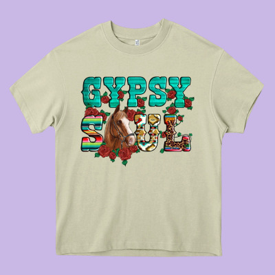 Western Gypsy Soul Horse Roses Serape Aztec Leopard Heavy Core Tee Designed By Artiststas