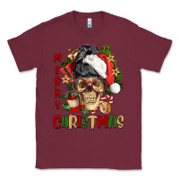 Burgundy Merry Christmas skeleton messy bun Classic Tee - NancyCooperArtShop