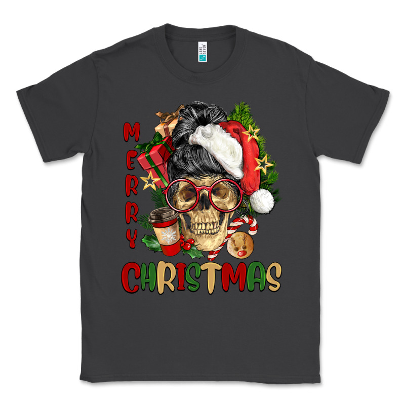 Merry Christmas Skeleton Messy Bun Classic Tee by NancyCooperArtShop | Teevron
