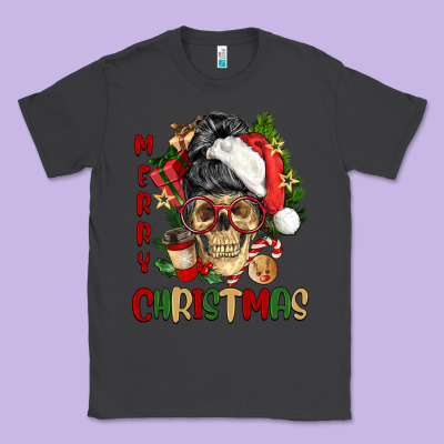 Merry Christmas Skeleton Messy Bun Classic Tee Designed By Nancycooperartshop