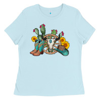 Baby Blue wheel bull skull western cowboy Ladies Tee - AdoDesignShop
