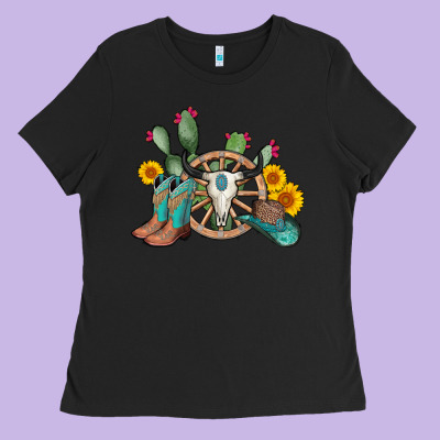 Wheel Bull Skull Western Cowboy Ladies Tee Designed By Adodesignshop