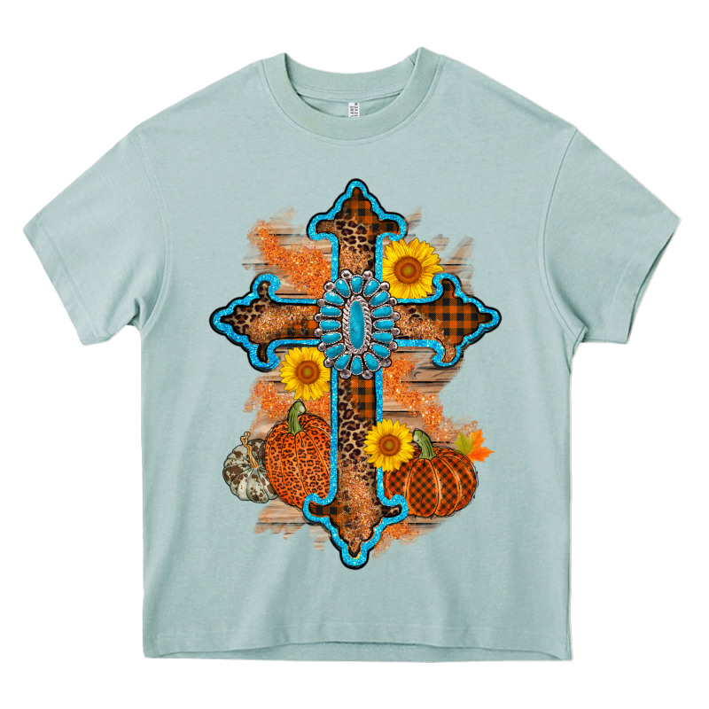 Thanksgiving Cross Pumpkin Sunflower Heavy Core Tee by AdoDesignShop | Teevron