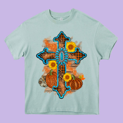 Thanksgiving Cross Pumpkin Sunflower Heavy Core Tee Designed By Adodesignshop
