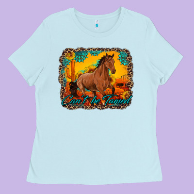 Can't Be Tamed Horse With Sunflowers Turquoise Gemstone Western Sunset Ladies Tee Designed By Artiststas