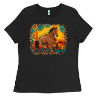 Black can't be tamed horse with sunflowers turquoise gemstone western sunset Ladies Tee - Artiststas