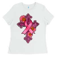 White breast cancer cross Ladies Tee - AdoDesignShop