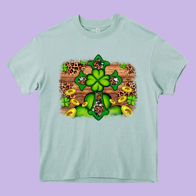 Western Shamrock Cross Leopard Background Heavy Core Tee Designed By Artiststas