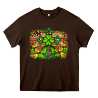 Chocolate Brown Western Shamrock Cross Leopard Background Heavy Core Tee - Artiststas