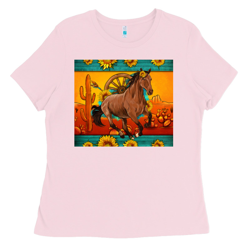 Western Sunset Galloping Horse Sunflower Ladies Tee by Artiststas | Teevron
