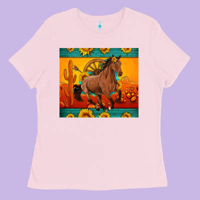 Western Sunset Galloping Horse Sunflower Ladies Tee Designed By Artiststas