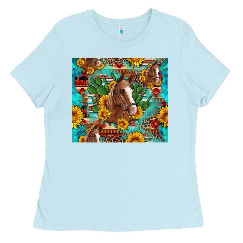 Sunflowers And Cactus Horses Turquoise Aztec Leopard Background Ladies Tee by Artiststas | Teevron