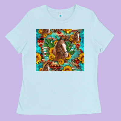Sunflowers And Cactus Horses Turquoise Aztec Leopard Background Ladies Tee Designed By Artiststas
