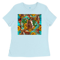 Baby Blue sunflowers and cactus horses turquoise aztec leopard background Ladies Tee - Artiststas