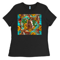 Black sunflowers and cactus horses turquoise aztec leopard background Ladies Tee - Artiststas