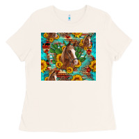 Bone sunflowers and cactus horses turquoise aztec leopard background Ladies Tee - Artiststas