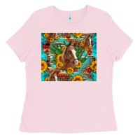 Bubblegum Pink sunflowers and cactus horses turquoise aztec leopard background Ladies Tee - Artiststas