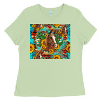 Matcha sunflowers and cactus horses turquoise aztec leopard background Ladies Tee - Artiststas