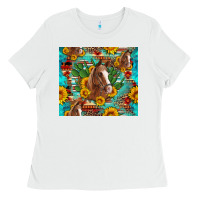 White sunflowers and cactus horses turquoise aztec leopard background Ladies Tee - Artiststas