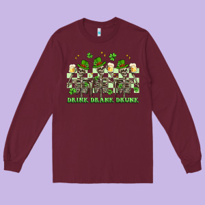 St. Patrick's Day Skeletons Drink Drank Drunk Long Sleeve Tee Designed By Artiststas