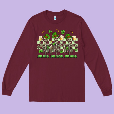 St. Patrick's Day Skeletons Drink Drank Drunk Long Sleeve Tee Designed By Artiststas