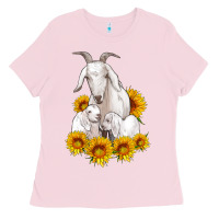 Bubblegum Pink goat family with sunflowers Ladies Tee - Artiststas
