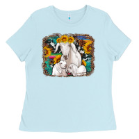 Baby Blue goat family with sunflowers western serape turquoise background Ladies Tee - Artiststas