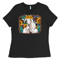 Goat Family With Sunflowers Western Serape Turquoise Background Ladies Tee | Teevron