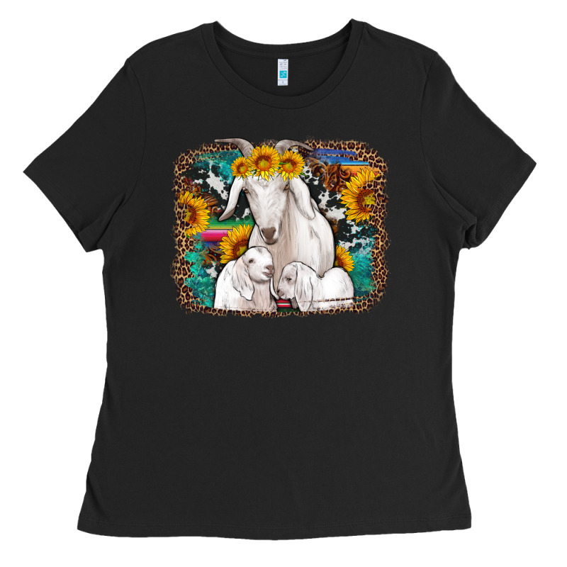 Goat Family With Sunflowers Western Serape Turquoise Background Ladies Tee by Artiststas | Teevron