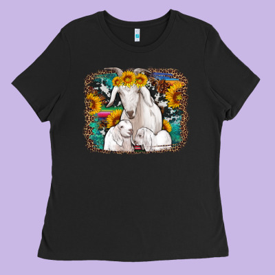 Goat Family With Sunflowers Western Serape Turquoise Background Ladies Tee Designed By Artiststas