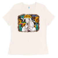 Bone goat family with sunflowers western serape turquoise background Ladies Tee - Artiststas