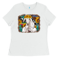 White goat family with sunflowers western serape turquoise background Ladies Tee - Artiststas