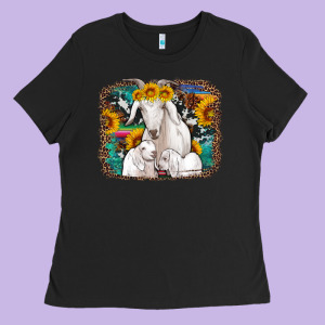 Goat Family With Sunflowers Western Serape Turquoise Background Ladies Tee Designed By Artiststas