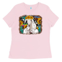 Bubblegum Pink goat family with sunflowers western serape turquoise background Ladies Tee - Artiststas