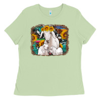 Matcha goat family with sunflowers western serape turquoise background Ladies Tee - Artiststas