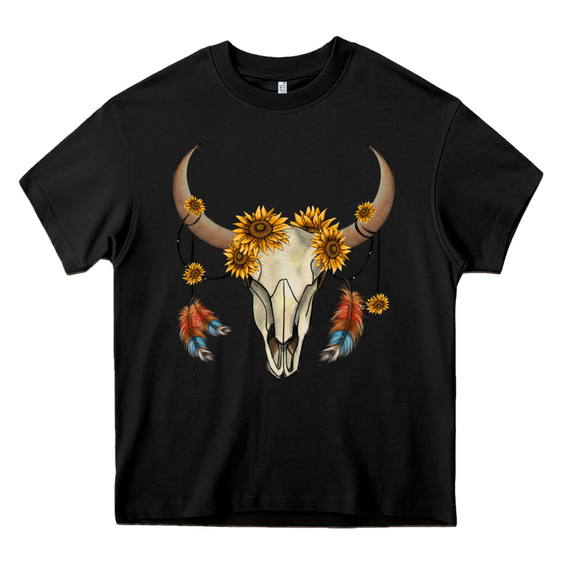 Bull Skull Sunflowers And Feathers Heavy Core Tee by AdoDesignShop | Teevron