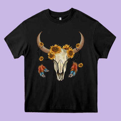 Bull Skull Sunflowers And Feathers Heavy Core Tee Designed By Adodesignshop