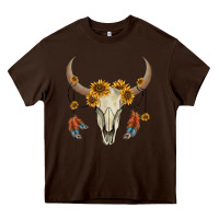 Chocolate Brown bull skull sunflowers and feathers Heavy Core Tee - AdoDesignShop