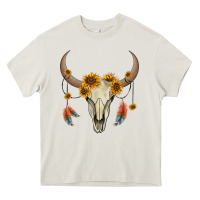 Cream bull skull sunflowers and feathers Heavy Core Tee - AdoDesignShop