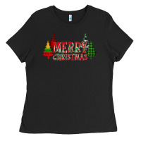 Black merry christmas glitter plaid trees Ladies Tee - AdoDesignShop
