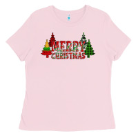Bubblegum Pink merry christmas glitter plaid trees Ladies Tee - AdoDesignShop