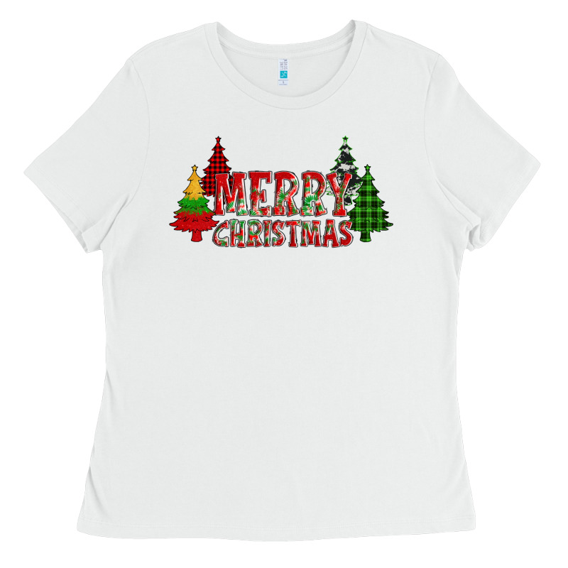 Merry Christmas Glitter Plaid Trees Ladies Tee by AdoDesignShop | Teevron