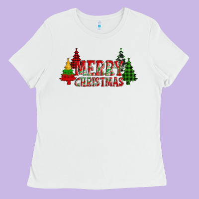 Merry Christmas Glitter Plaid Trees Ladies Tee Designed By Adodesignshop